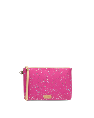 Consuela Berry Mighty Pouch, hot pink wristlet clutch with silver star print