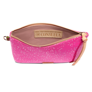 Consuela Berry Mighty Pouch open hot pink wristlet with silver stars and gold zipper