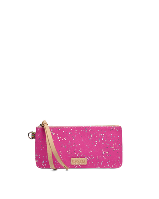 Consuela Berry Pop Pouch, hot pink wristlet clutch with silver star glitter pattern
