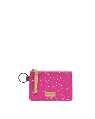 Consuela Berry Pouch, hot pink with silver stars, zip top, keyring attachment