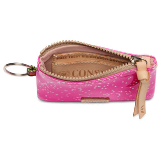 Consuela Berry Pouch open pink star-print keychain pouch with tan leather interior