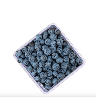 Clear plastic Berry Prokeeper container filled with fresh blueberries on white background