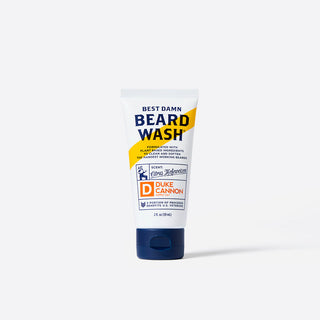 Duke Cannon Best Damn Beard Wash 2 fl oz tube in white with navy cap