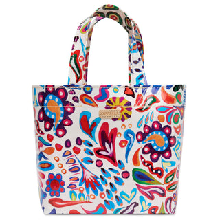 Consuela Grab N Go Mini tote in Bianca, white background with vibrant multicolor floral paisley print