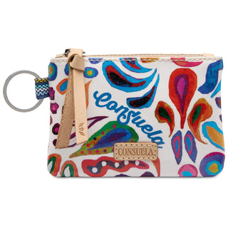 Angled view of Bianca Pouch featuring bold painterly abstract motifs and tan leather zipper pull
