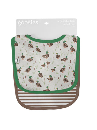 Goosies adjustable baby bib set of two featuring mallard duck print and brown stripe pattern