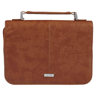 Classic brown faux leather Bible cover with silver Faith badge and top handle