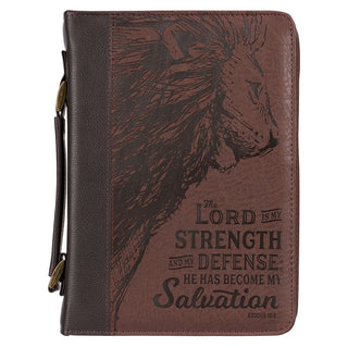 Brown leather Bible cover with lion embossing and Exodus 15:2 scripture verse
