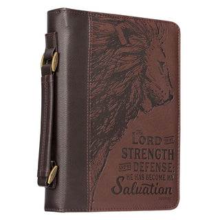 Brown faux leather Bible cover with embossed lion and Exodus 15:2 scripture verse
