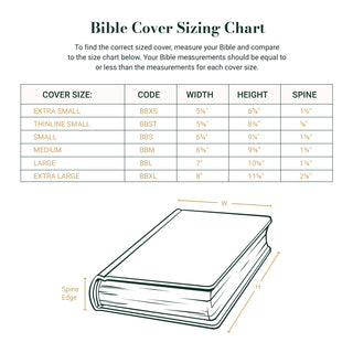 Bible cover sizing chart showing dimensions for extra small through extra large covers with diagram