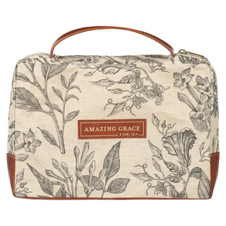 Cream floral canvas Bible cover with brown leather handle and Amazing Grace 2 Cor. 12:9 patch
