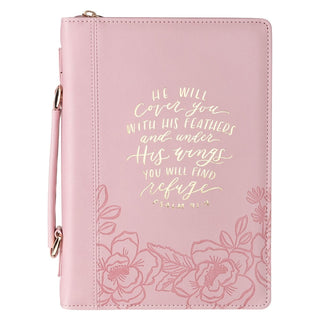 Pink faux leather Bible cover with gold foil Psalm 91:4 scripture and floral embossing