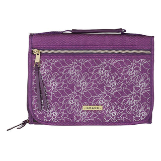 Purple floral Bible cover organizer tri-fold with gold Grace badge and zipper pocket