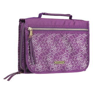 Purple quilted Bible cover organizer with white floral pattern and gold Grace badge