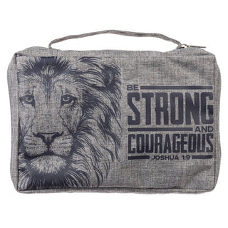 Gray fabric Bible cover with lion graphic and Be Strong and Courageous Joshua 1:9 text