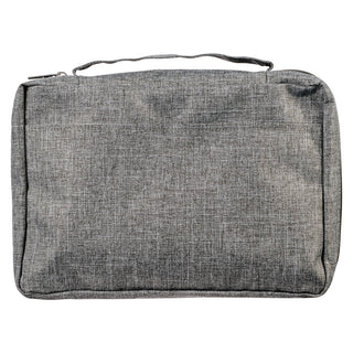 Back view of gray heathered fabric Bible cover with top carry handle and zipper closure