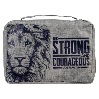 Gray Bible cover with lion illustration and Be Strong and Courageous Joshua 1:9 text