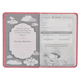 Interior spread of pink NLT Infant New Testament showing My Family page and birth record