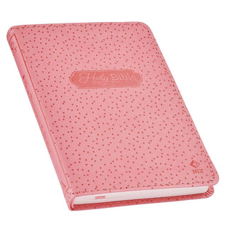 Pink faux leather NLT Holy Bible with embossed triangle pattern and decorative label