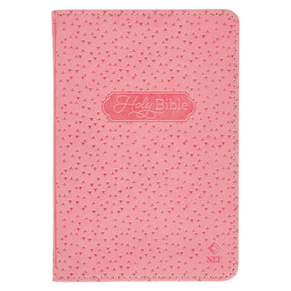 Pink faux leather NLT Holy Bible with embossed dot pattern and decorative label cover