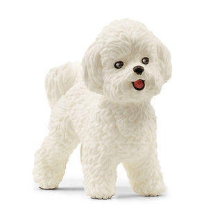Schleich Bichon Frise figurine, white fluffy dog with open mouth and tongue out, standing pose