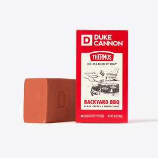 Duke Cannon Backyard BBQ Big Ass Brick of Soap 10oz bar beside red packaging box