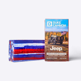 Duke Cannon Jeep American Legend 10oz brick of soap with Virginia Cedar scent and patriotic packaging
