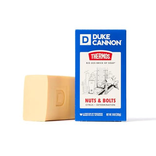 Duke Cannon Big Ass Brick of Soap 10oz Nuts and Bolts scent with blue Thermos branded packaging