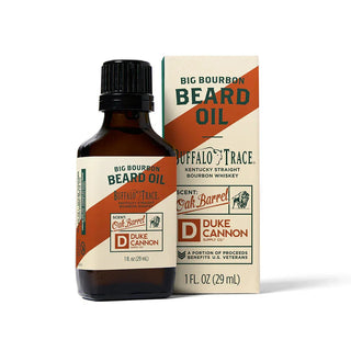Duke Cannon Big Bourbon Beard Oil in amber glass bottle with black cap and Oak Barrel scent packaging