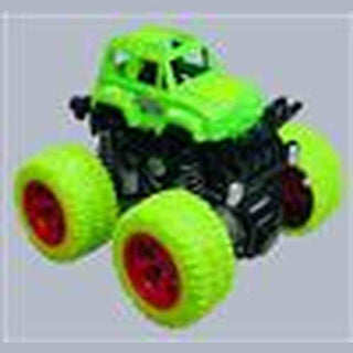 Toy monster truck with green body and yellow wheels 
