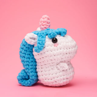 Woobles Billy the Unicorn crocheted amigurumi plush with blue mane and pink horn