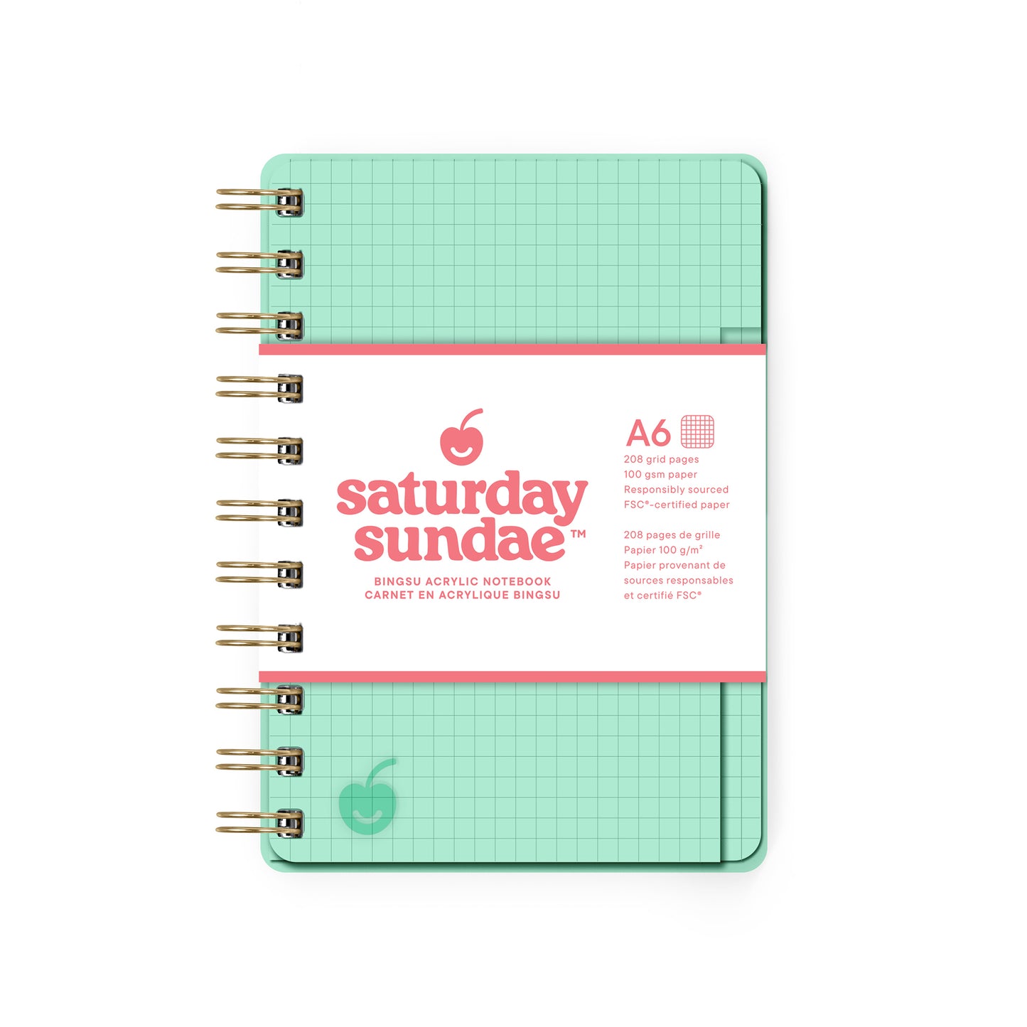Mint green notebook with grid pattern on a white background, featuring 'Saturday Sundae' branding.