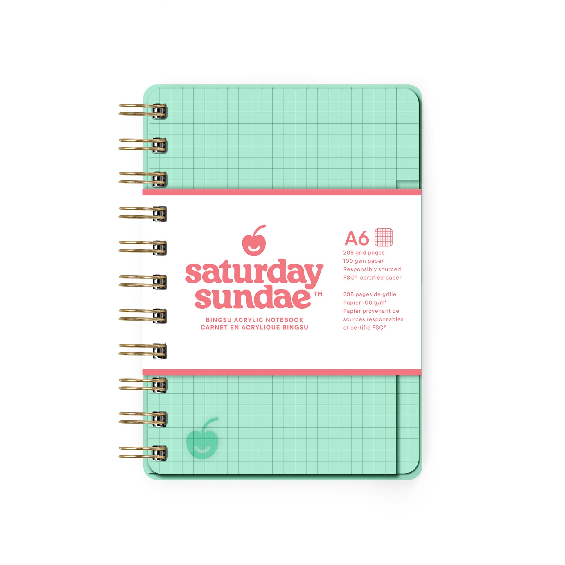 Mint green notebook with grid pattern on a white background, featuring 'Saturday Sundae' branding.