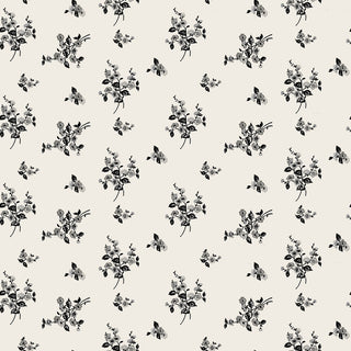 Birdie floral pattern in black and grey on cream background, repeating textile print