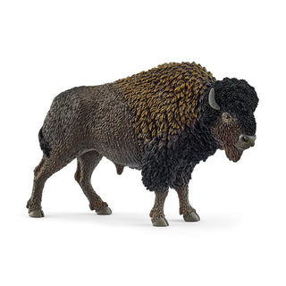 Schleich American Bison figurine with detailed fur texture, walking pose, dark brown coloring