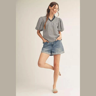 Women's black gingham top front full body shot with scallop V-neck and relaxed fit