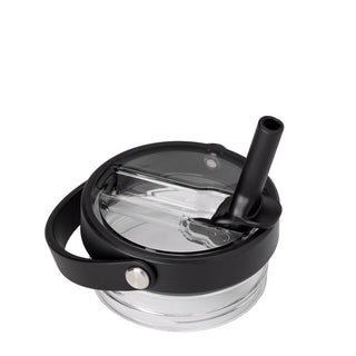 Swig black leakproof to-go lid with clear panel and built-in black straw, top view