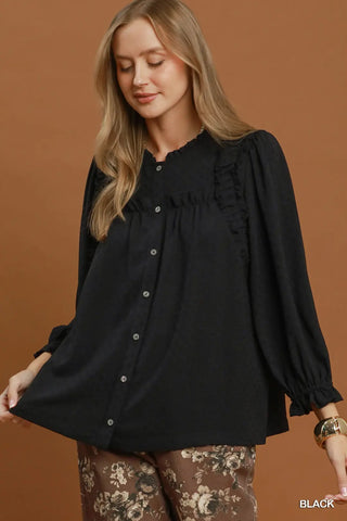 Black Ruffle Trim Button Front Blouse