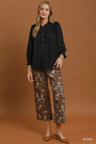 Black Ruffle Trim Button Front Blouse
