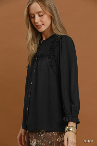 Black Ruffle Trim Button Front Blouse