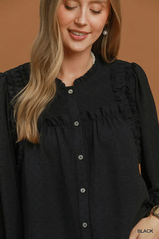 Black Ruffle Trim Button Front Blouse
