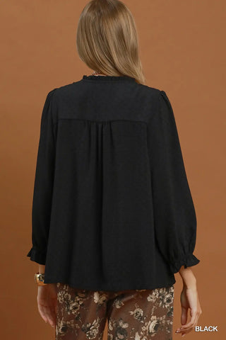 Black Ruffle Trim Button Front Blouse