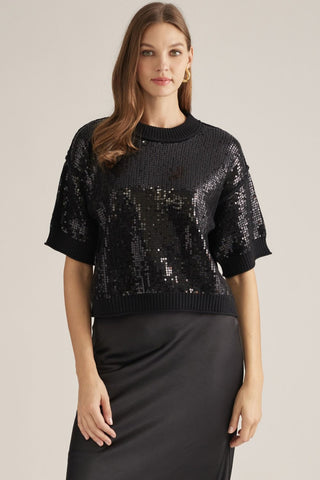 Entro black sequin short-sleeve cropped sweater with ribbed neckline and hem