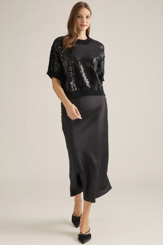 Entro black sequin short-sleeve cropped sweater with ribbed hem and neckline