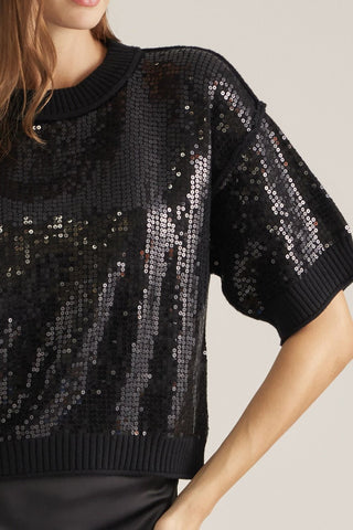 Entro black short-sleeve sequin sweater with ribbed crew neck and cuffs