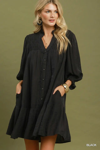 Black Smocked Button Down Mini Dress