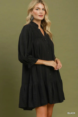 Black Smocked Button Down Mini Dress