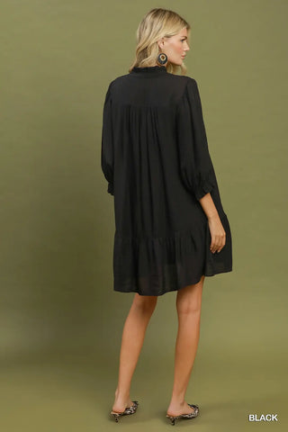 Black Smocked Button Down Mini Dress