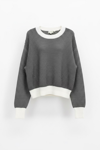 Hem & Thread oversized black and white striped knit pullover sweater with white trim