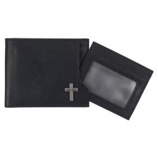 Christian Art Gifts Wallets for Men Black Leather Wallet With Silver Cross
